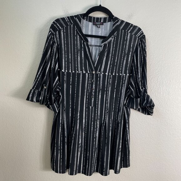 Cocomo Woman Plus 2X Black White Striped Tunic Blouse Stretch Roll Tab Sleeve - Picture 6 of 10